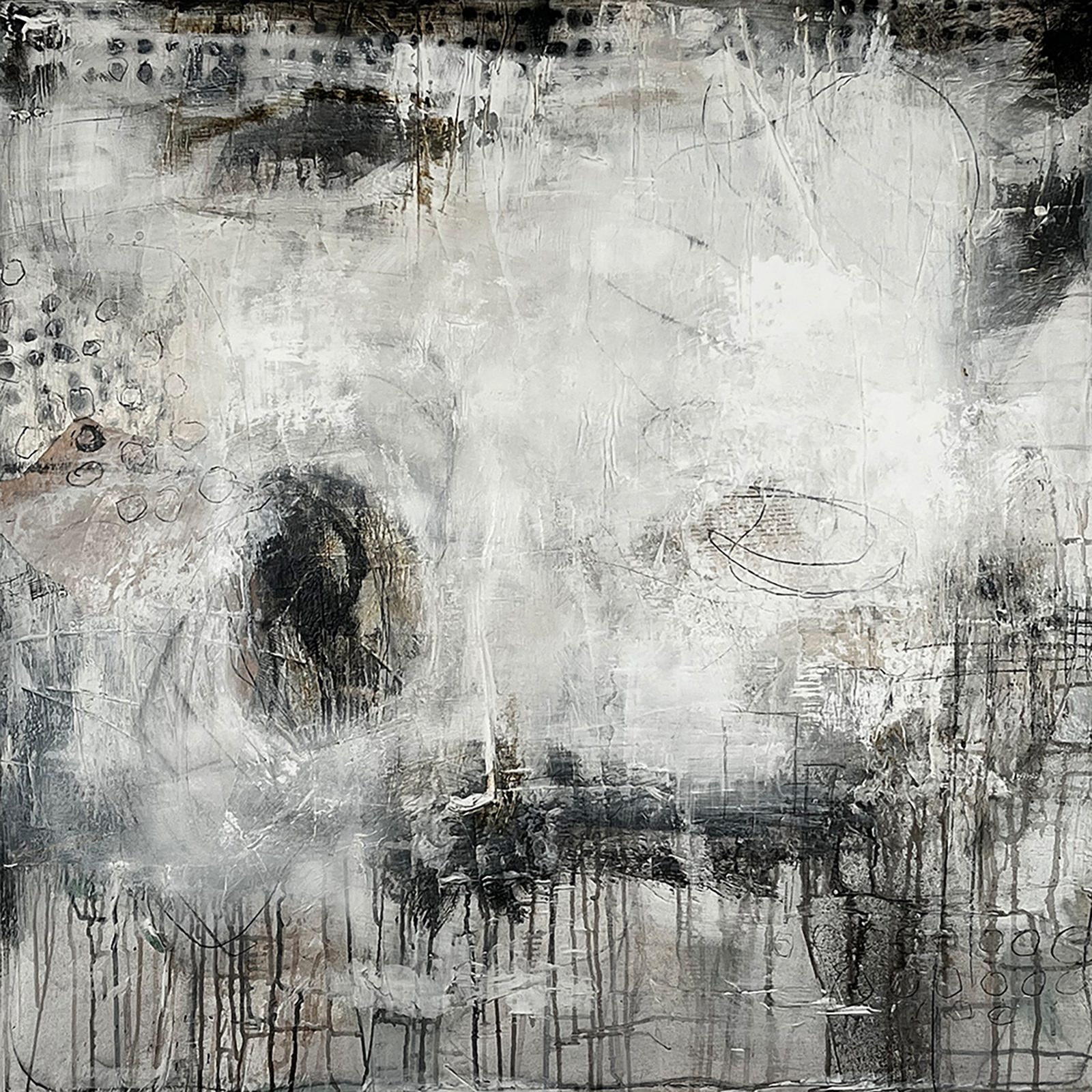 schwarz-weiß mixedmedia auf leinwand, abstrakte kunst, moderne kunst, contemporaryart, wachs, pigmente, bitumen, kaffee, collage, marmormehl, art by sabine mannheims