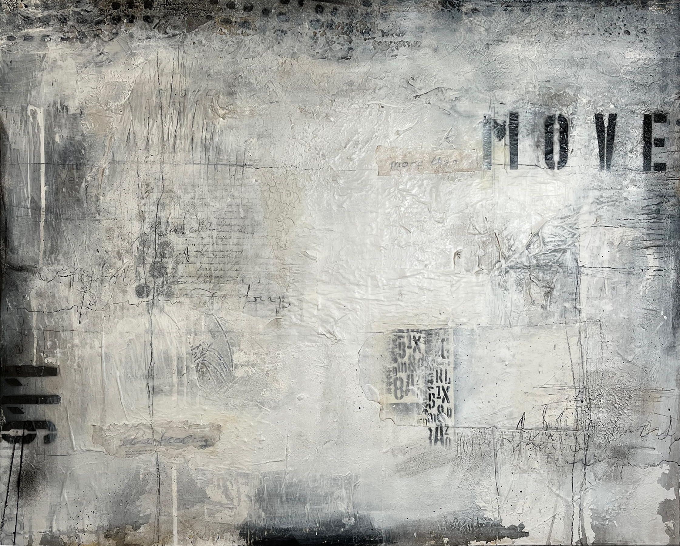 Originalkunstwerk o.Titel XIII - move von Sabine Mannheims, mixed media technik in schwarz-weiß auf Leinwand, Schrift , acrylfrabe, Bitumen und vieles mehr