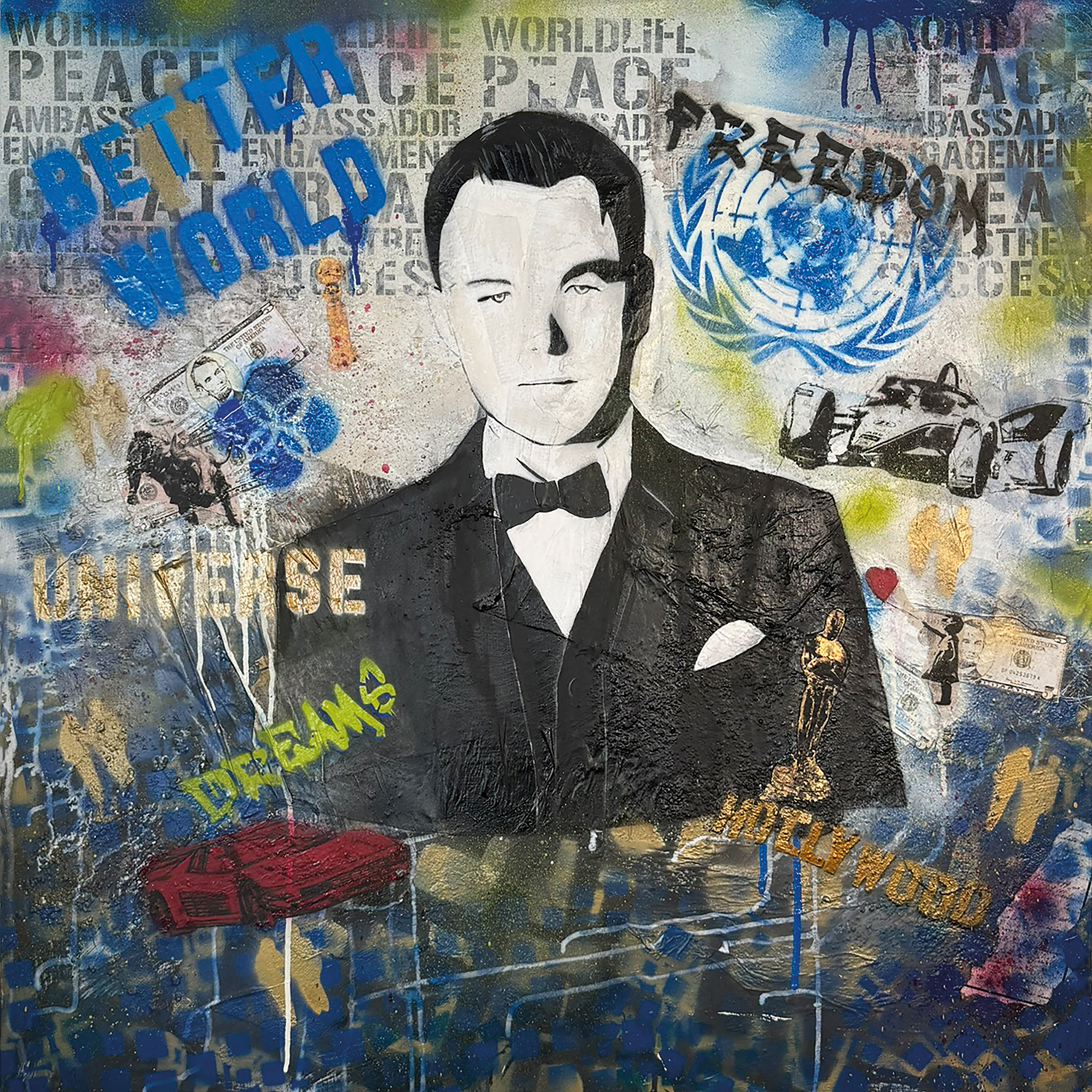 Popart Bild - erzählt Geschichte von Leonardo di Caprio, sein Einsatz für eine bessere welt, Schriftzug Freedom, better world, universe, Schablonetechnik, Sprühfarbe und vieles mehr
