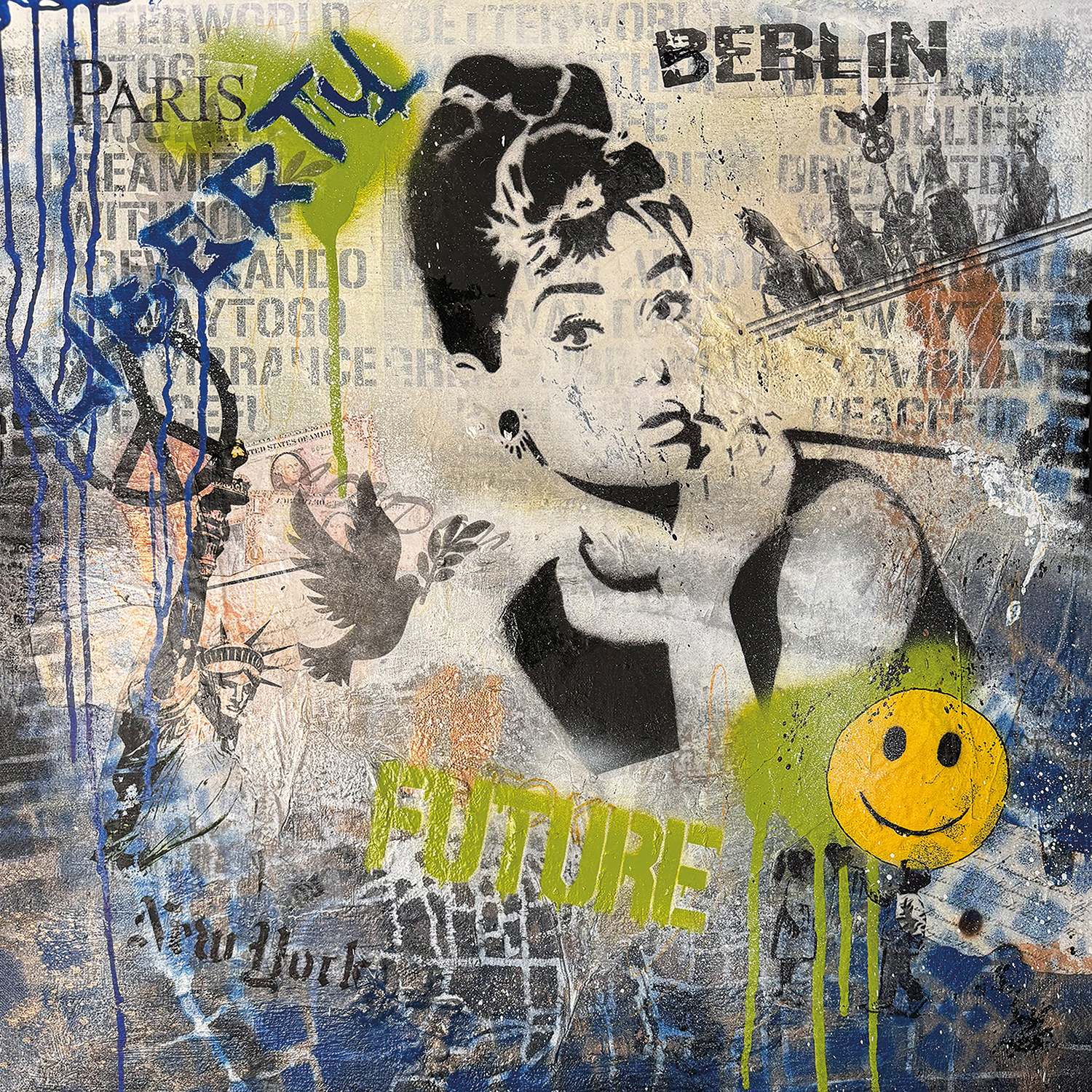 popart mixedmedia Kunstwerk, audrey Hepburn silhouette, smiley, Freiheitsstatue, Friedenstaube, Schriftzug Liberty, Future, Berlin, New York