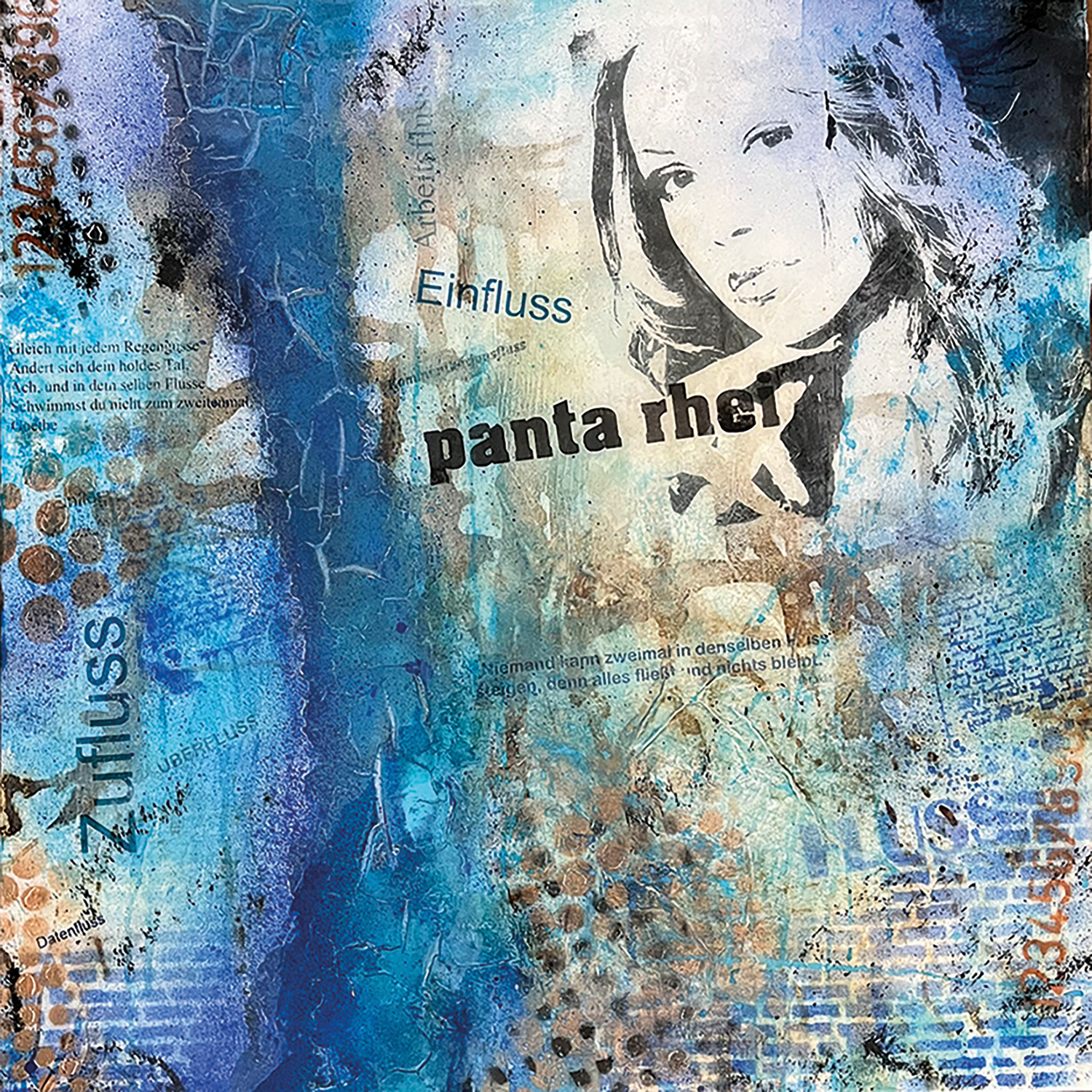 Phanta rhei mixedmedia resinart Kunstwerk von sabine Mannheims, in Blau Türkis Naturtönen, Strukturpaste, Silhouette eines Frauenkopfs, Schriftzug Zufluss, Einfluss, Panda rhei, alles im Fluss