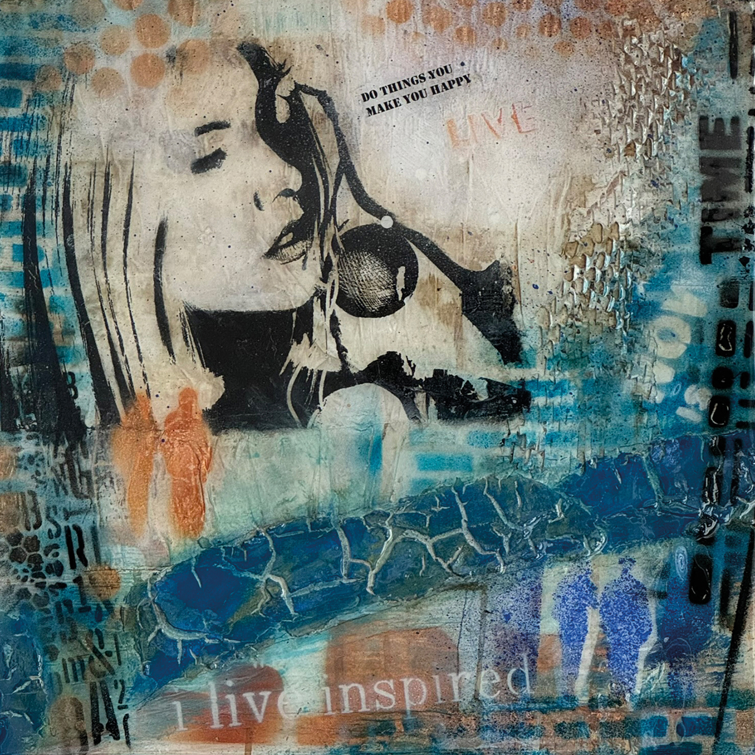 Silhouette Frauenkopf, schablonentechnik, Schriftzug Time, I live inspired, schemenhafte Figuren, Struktur Kunstwerk mit Resinueberzug, in türkis, blau Naturtönen, 40 x 40 cm