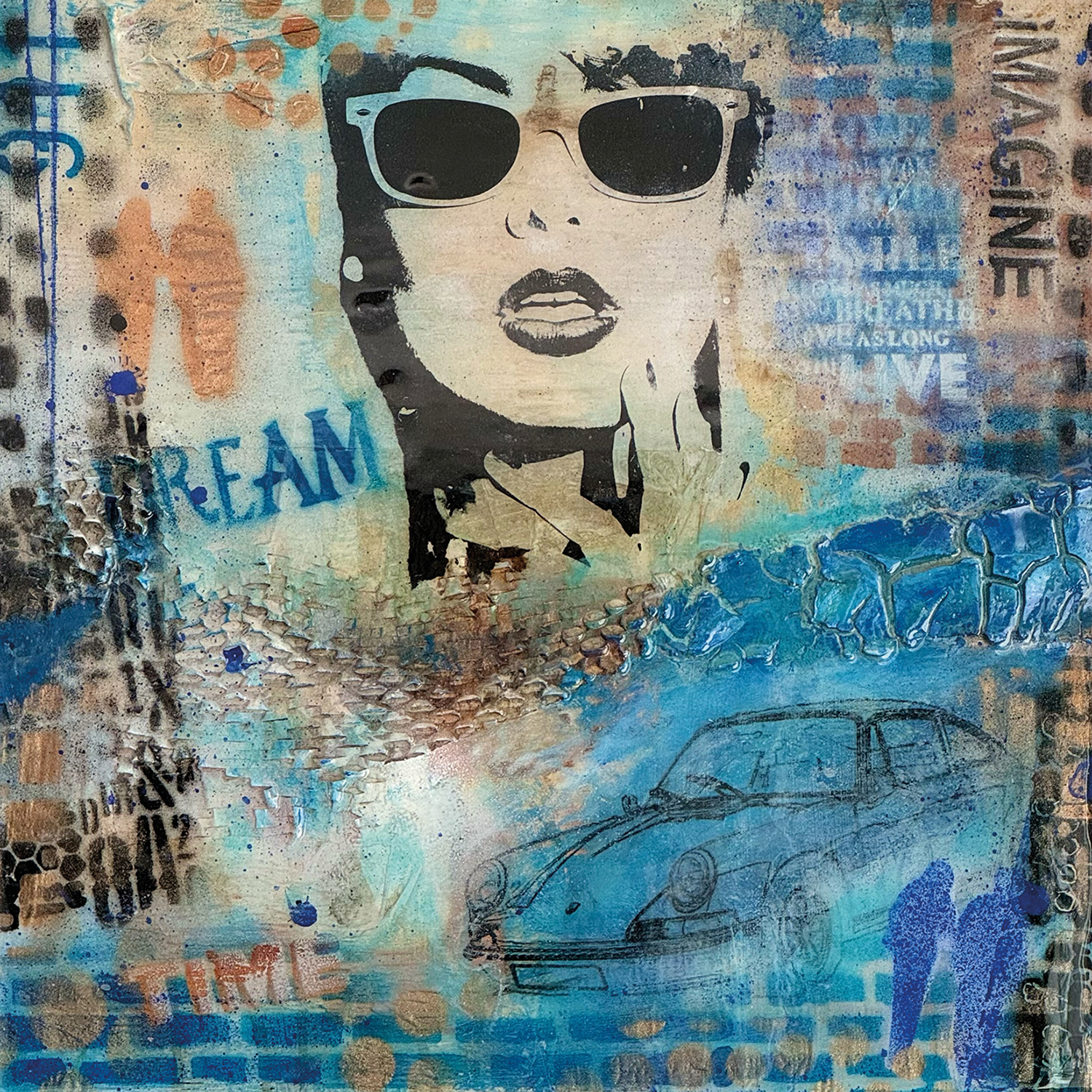 Silhouette Frauenkopf, schablonentechnik, Schrift, Porsche silhouette, Schemenhafte Figuren, Struktur Kunstwerk mit Resinueberzug, in türkis, blau Naturtönen, 40 x 40 cm