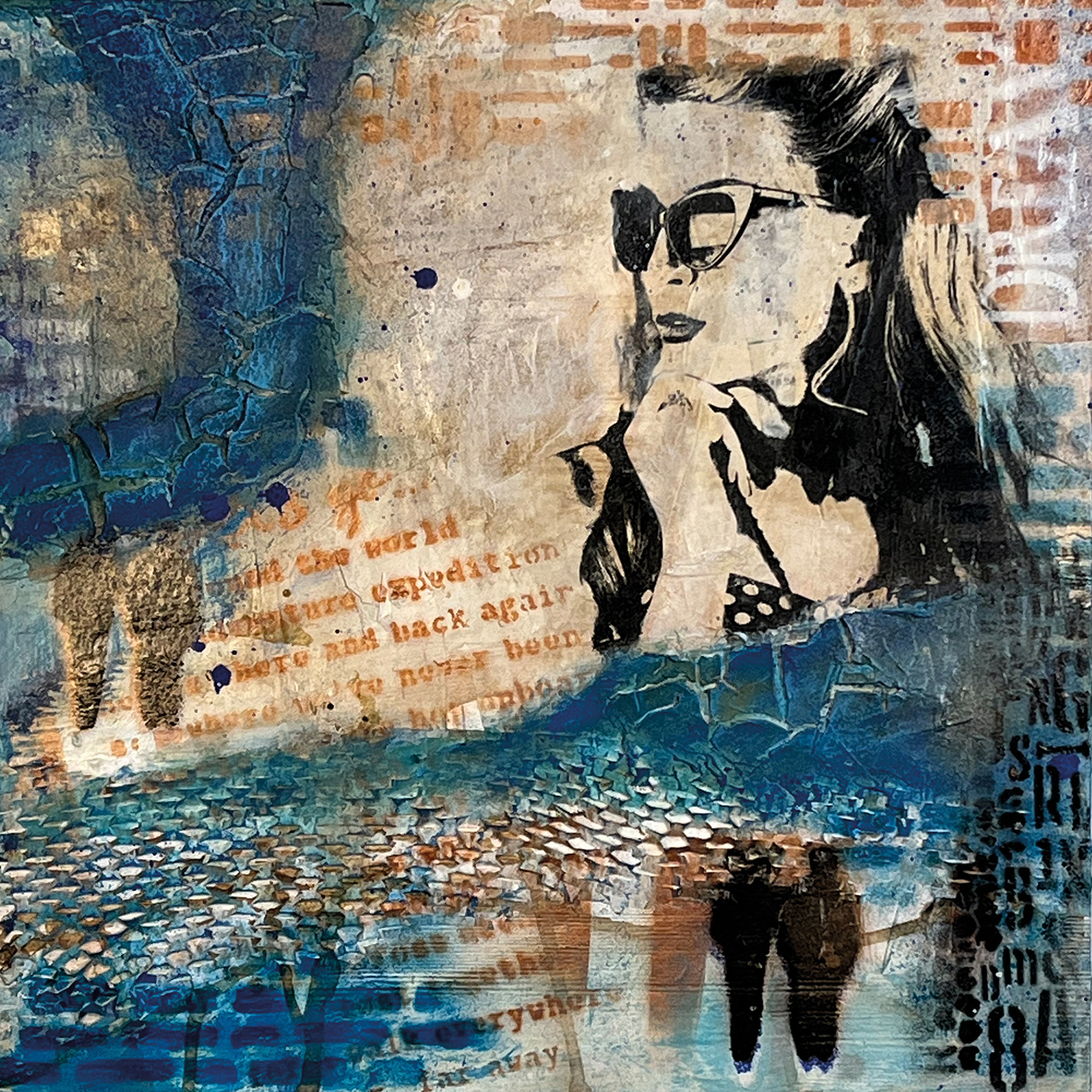 Silhouette Frauenkopf, schablonentechnik, Schrift, Struktur Kunstwerk mit Resinueberzug, in türkis, blau Naturtönen, 40 x 40 cm