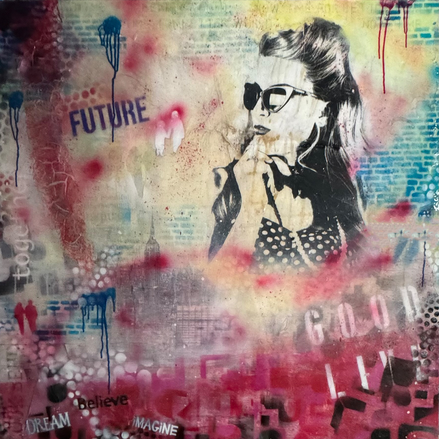 good live original kunstwerk von sabine Mannheims, 100 x 100 cm, auf Holz mixedmedia, resinart zeigt eine silouhette einer Frau auf abstraktem Hintergrund, gelb, blau rot töne, New York schemenhaft im Hintergrund, Schriftzug Good Live, Future together